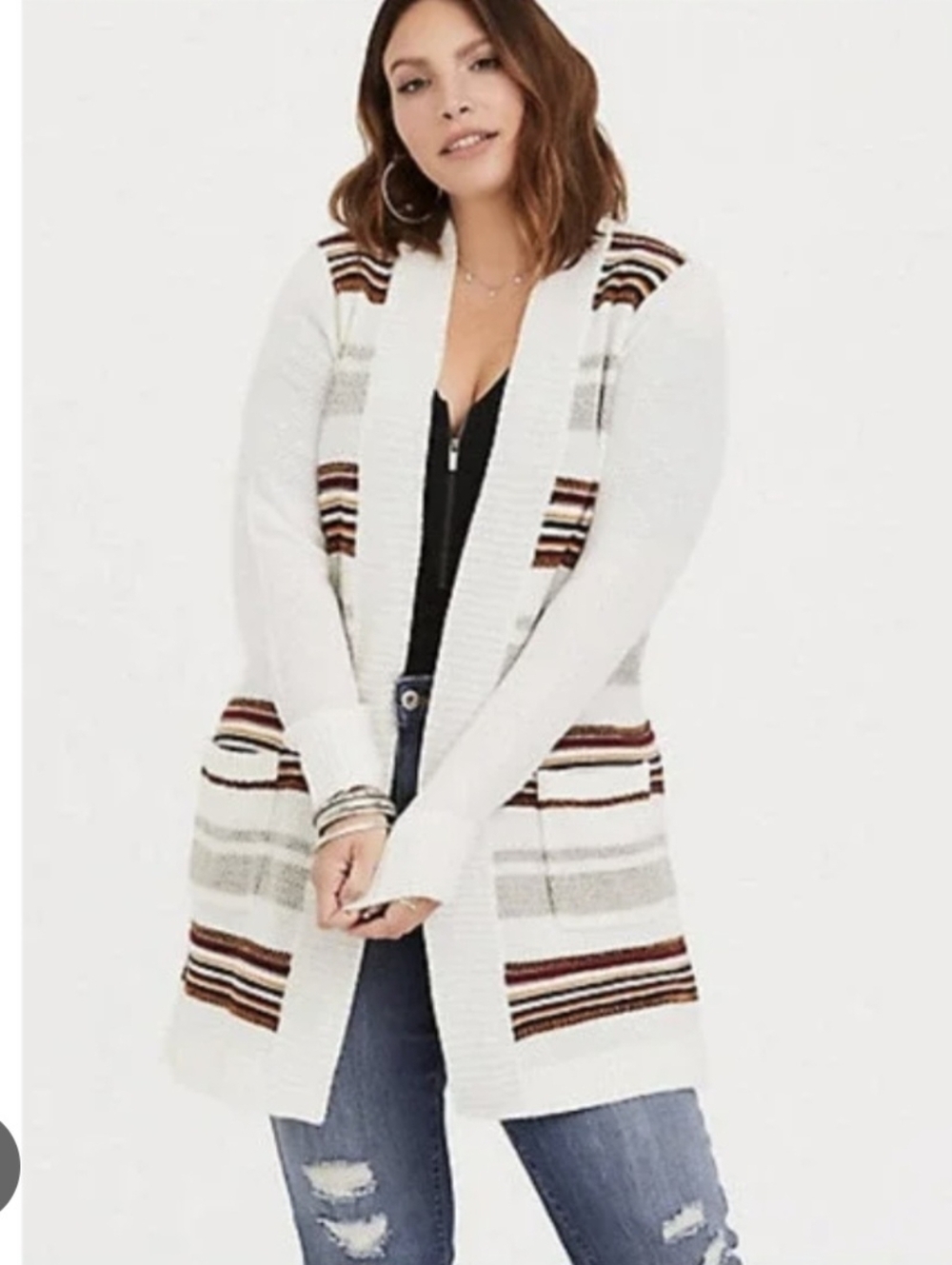 Torrid Sz 3 Open Front Knit Cardigan with Stripe Detail - Cream